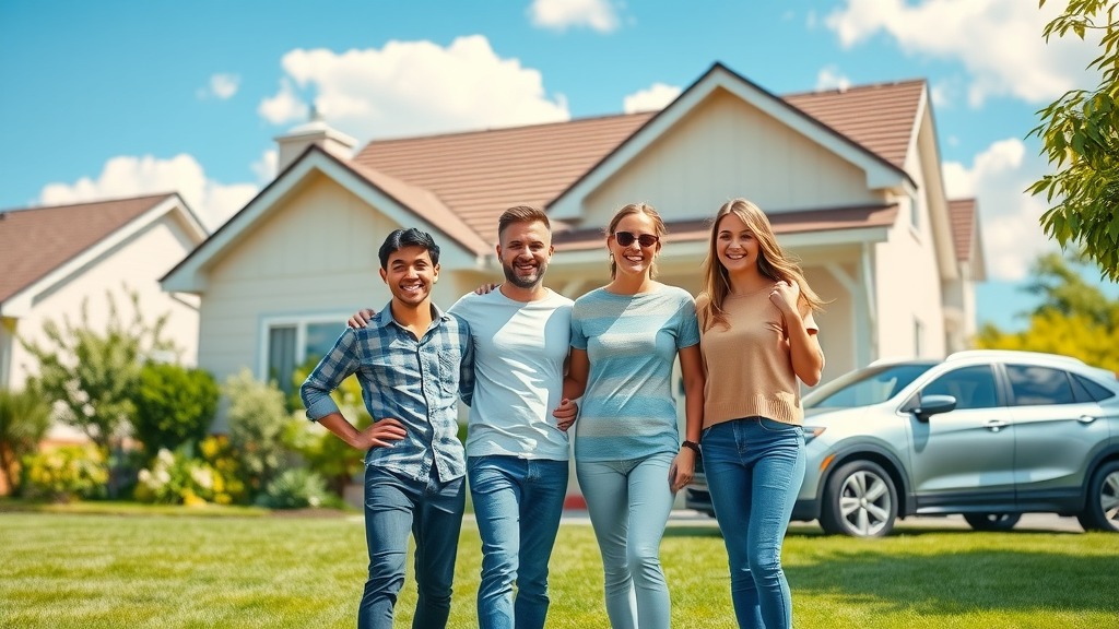 Happy family protected by auto and home insurance outside their house and car