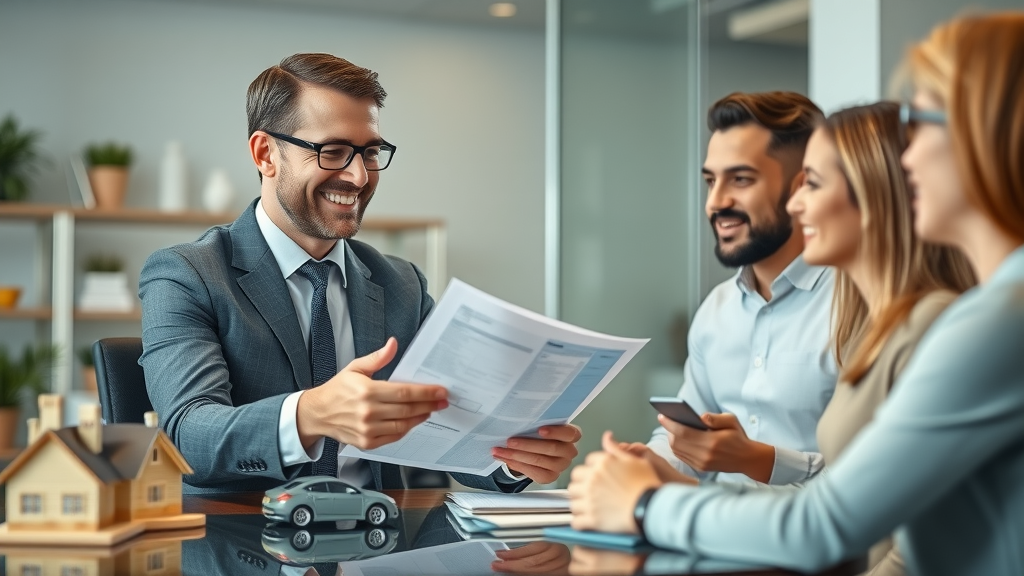Insurance agent helping couple bundle their auto and home insurance for savings