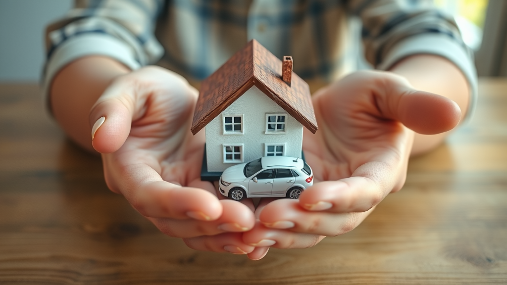 Hands holding house and car models for complete auto and home insurance coverage