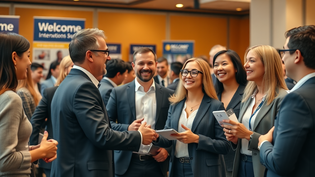 Colleagues networking at a business community event, sharing ideas