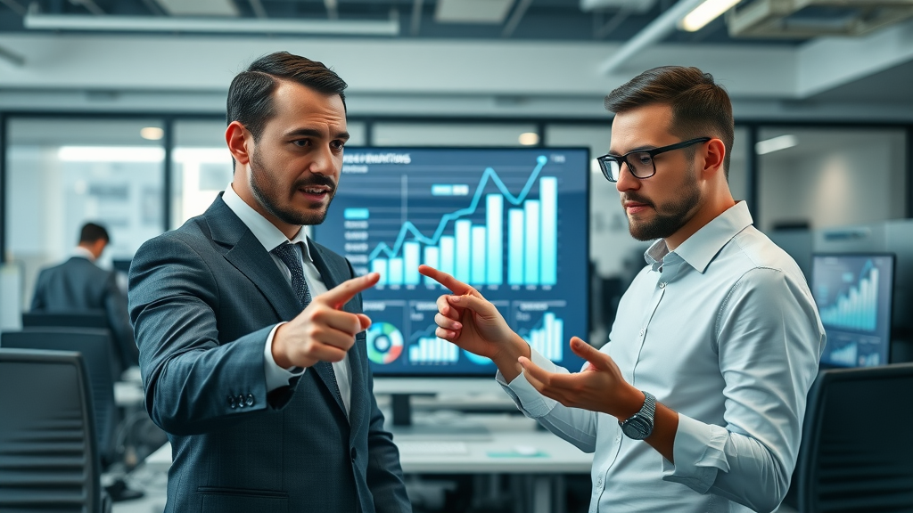 impactful visual infographic: business professionals analyzing digital growth statistics with blog content strategy, pointing at rising graphs and data in a corporate office