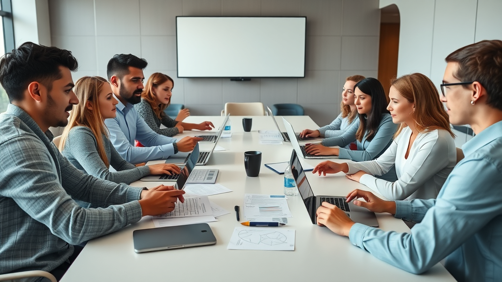 brainstorming blog content strategy: diverse team collaborating with laptops and notepads in a boardroom