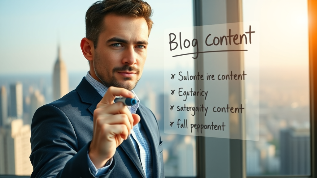 entrepreneur setting business goals for blog content strategy, writing goals on transparent board in modern office