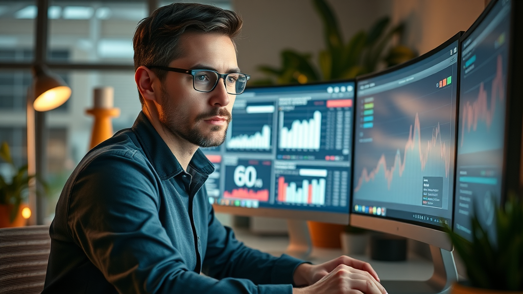 digital marketer analyzing SEO metrics and keyword research data on computer for blog content strategy