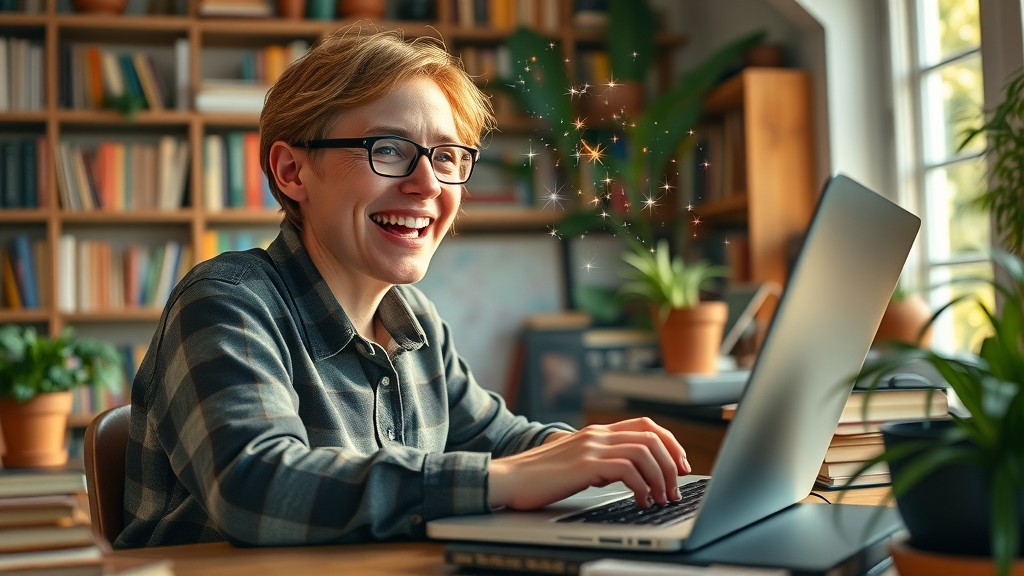 enthusiastic writer typing an engaging blog post in their cozy home office for a blogging strategy