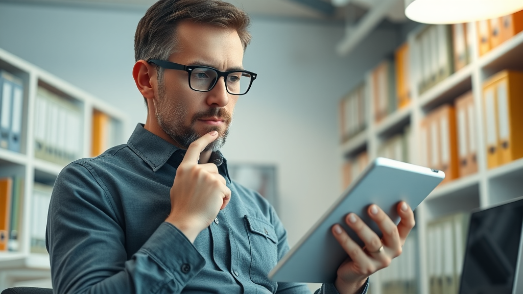 auditor reviewing blog articles for comprehensive content audit in modern office
