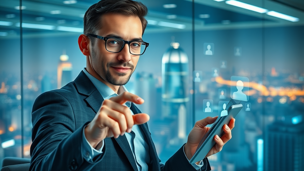 professional sharing blog content via social media devices in a futuristic office setting for content promotion