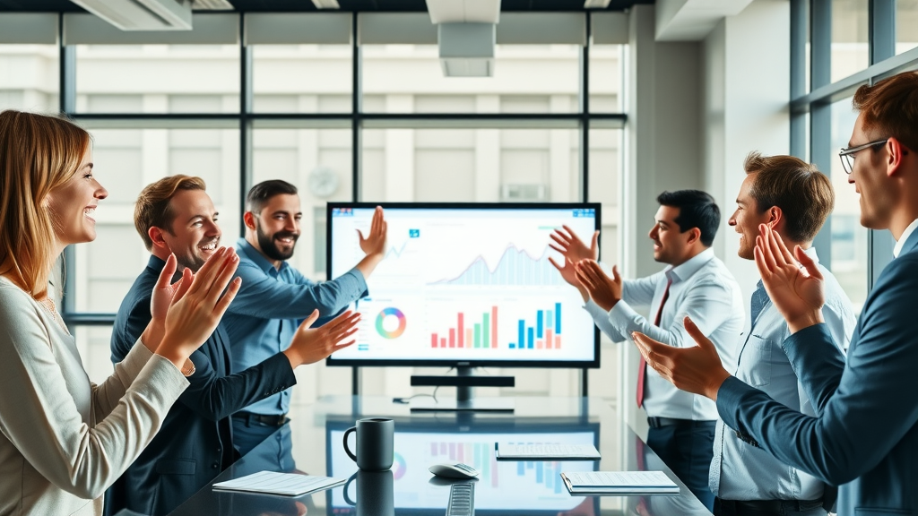 business team celebrating success in blog content strategy, delighted by analytics spike on screen