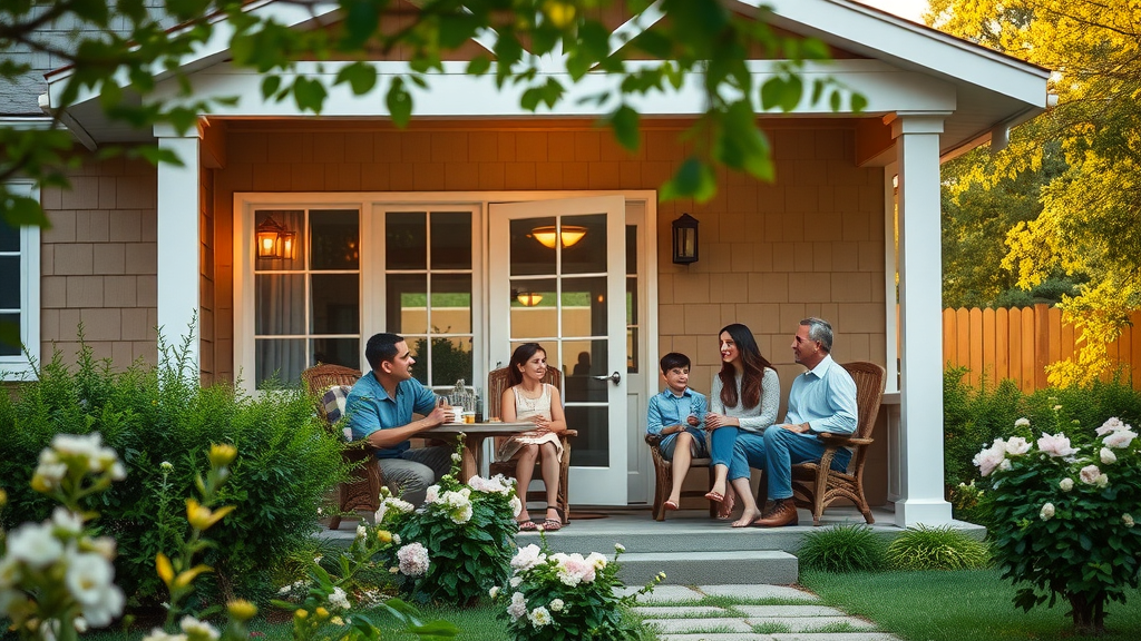 inviting suburban home exterior with a stylish screened-in porch, cheerful ambiance, family enjoying evening conversation, lush green backyard, blooming flowers, highly detailed, warm natural daylight, realistic color palette - adding on a screened-in porch