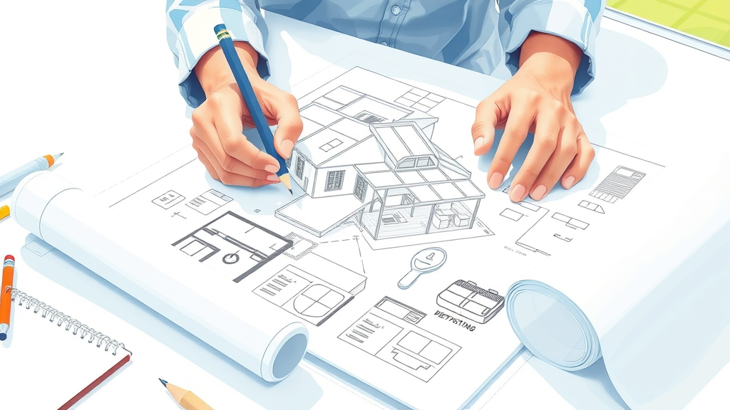 modern architectural drawing of a screened-in porch addition, hands working on blueprints, design process, drafting table, adding on a screened-in porch