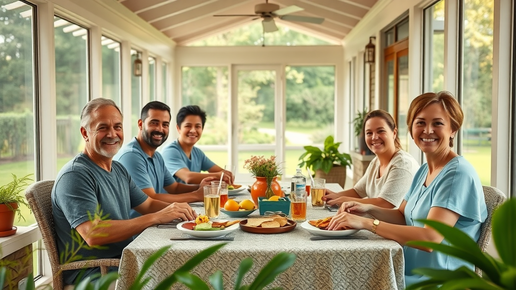 cheerful family enjoying an outdoor meal on a spacious screened-in porch, ample dining area, adding on a screened-in porch, outdoor dining setting