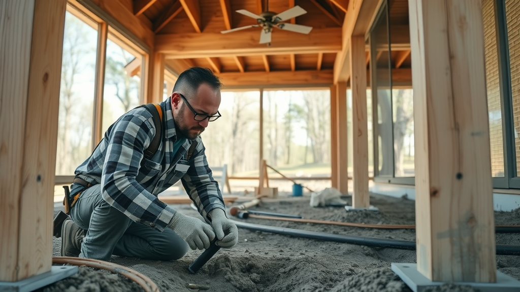 construction worker inspecting screened-in porch foundation and support, drainage piping, adding on a screened-in porch