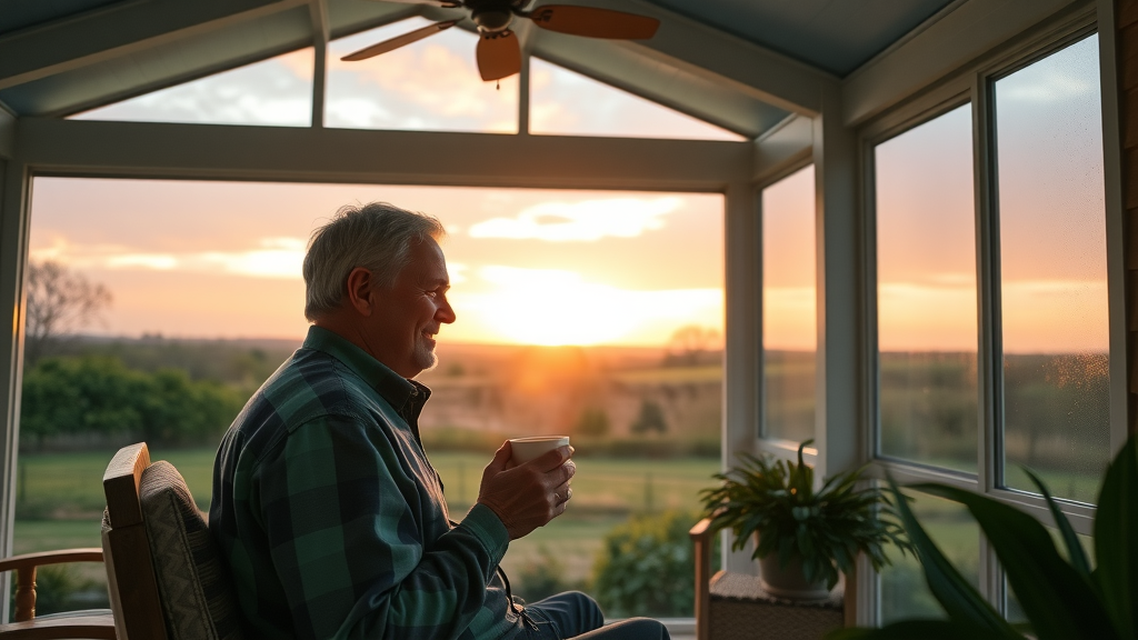 peaceful sunrise view from a beautifully finished screened-in porch, homeowner enjoying coffee, appreciating investment, adding on a screened-in porch