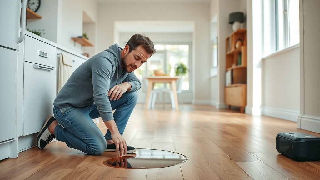 Homeowner checking for leaks in modern living room with smart water leak detectors, hardwood floors, and smart devices visible