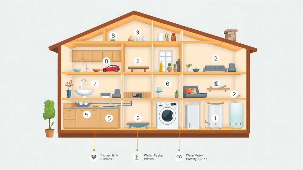 Diagram showing installation points for water leak detection sensors in a modern house (kitchen, laundry, water heater, basement)