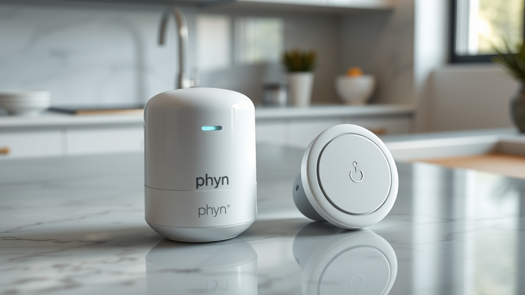 Phyn Smart Water Sensor and Moen Leak Detector on a modern countertop, active, ready state—best smart water leak detectors for 2024
