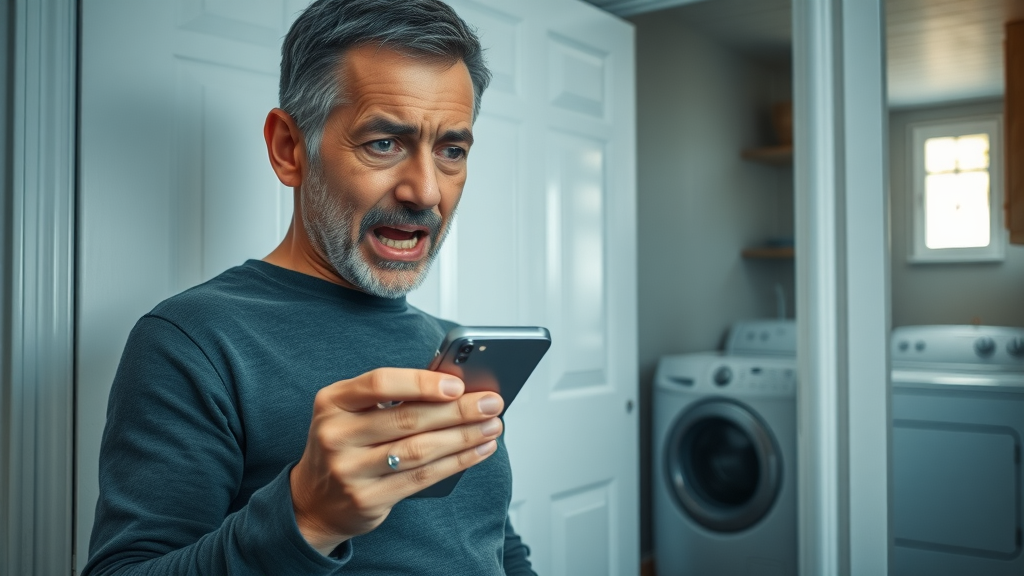Homeowner receiving instant leak alert on phone, standing by laundry room, with smart water leak detector in view