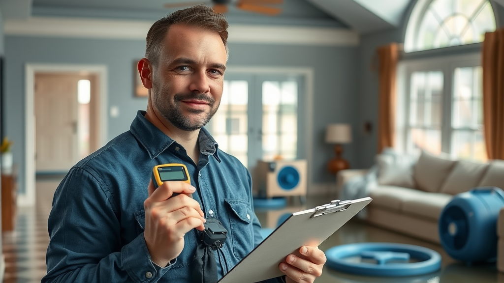 Restoration technician inspecting water damage in a home with drying equipment, emphasizing smart water leak detector benefits