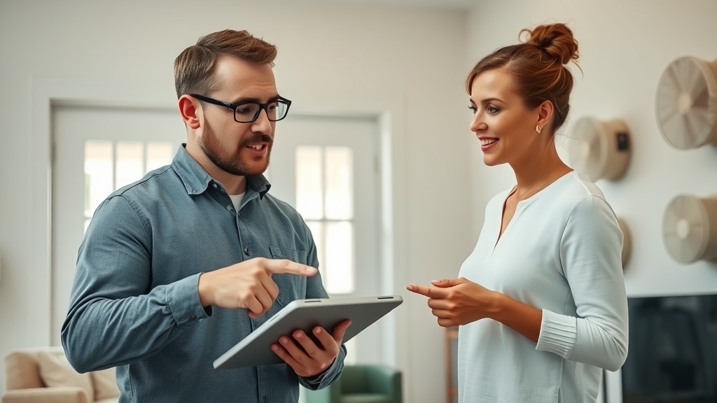 modern restoration professional explaining restoration process to homeowner, post water damager estoration guide, home with water stains and drying fans, lifelike detail, digital tablet showing checklist