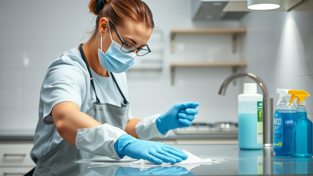 professional cleaner sanitizing kitchen after water damage, post water damager estoration, gloves, mask, cleaning foam and water droplets, meticulous damage repair