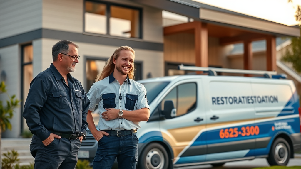 restoration pro team consulting with homeowner, water damage restoration company, branded van, professional uniforms, trustworthy experts providing restoration services