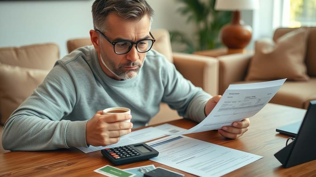 homeowner reviewing bills and insurance forms for water damage restoration, cautious, cost calculation after post water damager estoration