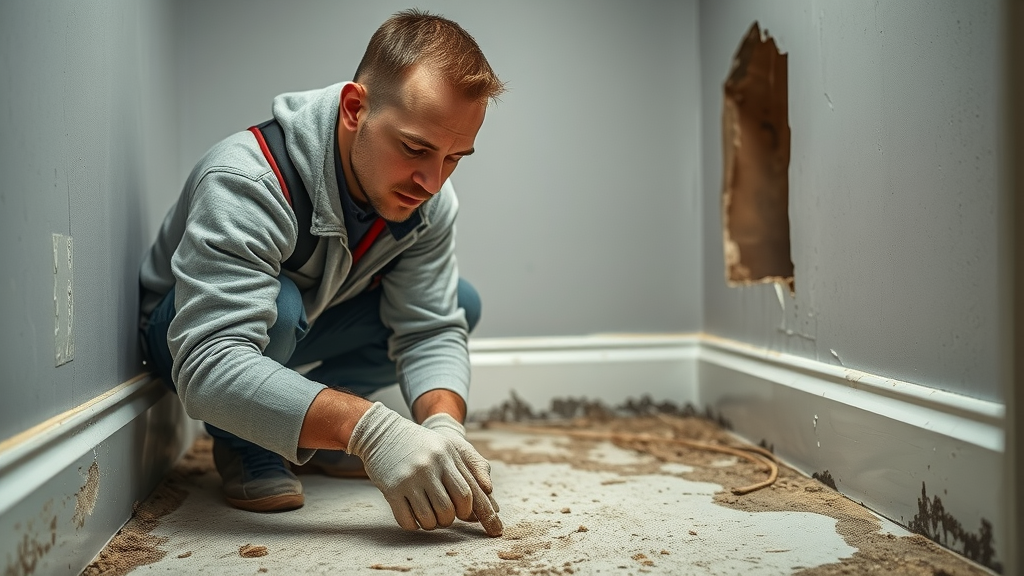 restoration technician inspecting for hidden mold after water damage, post water damager estoration, removing baseboards, checking for mold grow