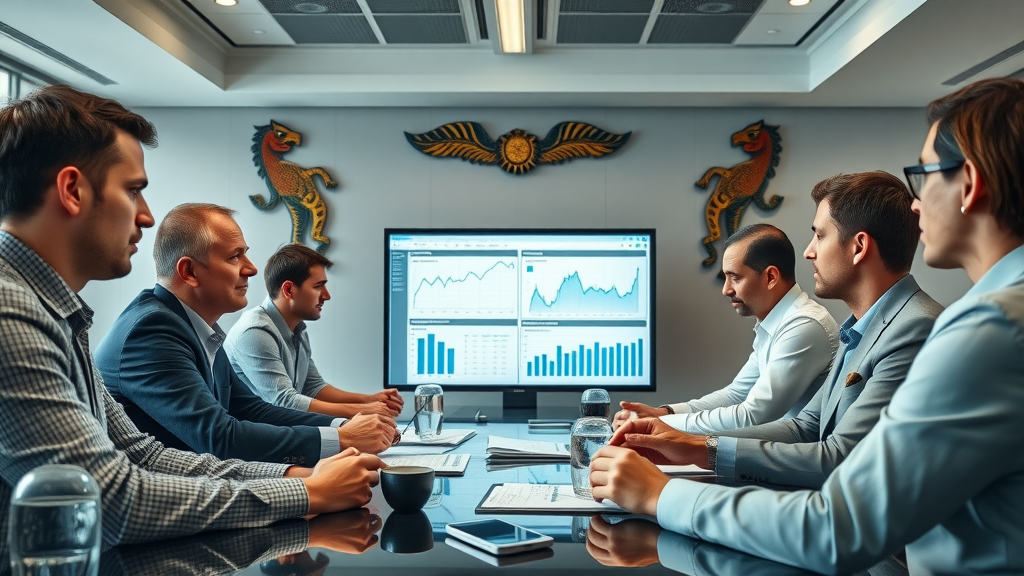 Business brainstorming session with professionals analyzing market data, New Zealand boardroom – business niches nz