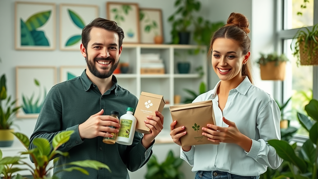 Eco-friendly business founders in green office demonstrating sustainable products, New Zealand – business niches nz