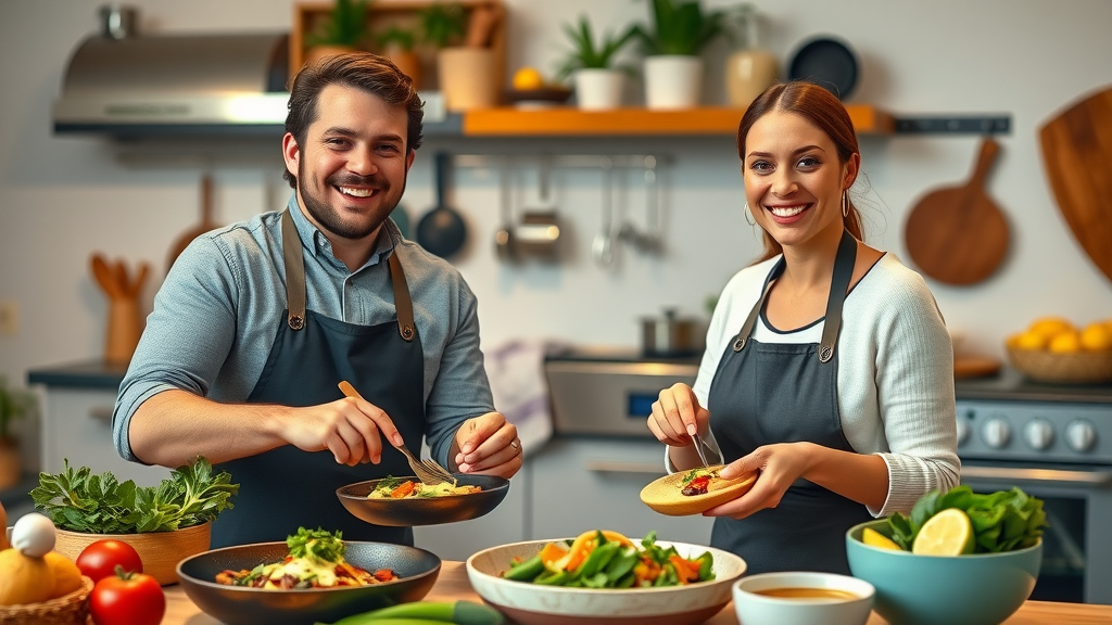 Artisan food startup founders in modern New Zealand kitchen preparing organic meals – business niches nz