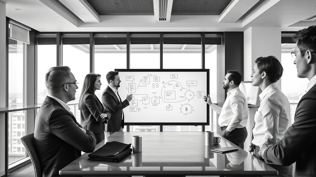 Strategic marketing meeting in Auckland, professionals brainstorming with digital whiteboards – business niches nz