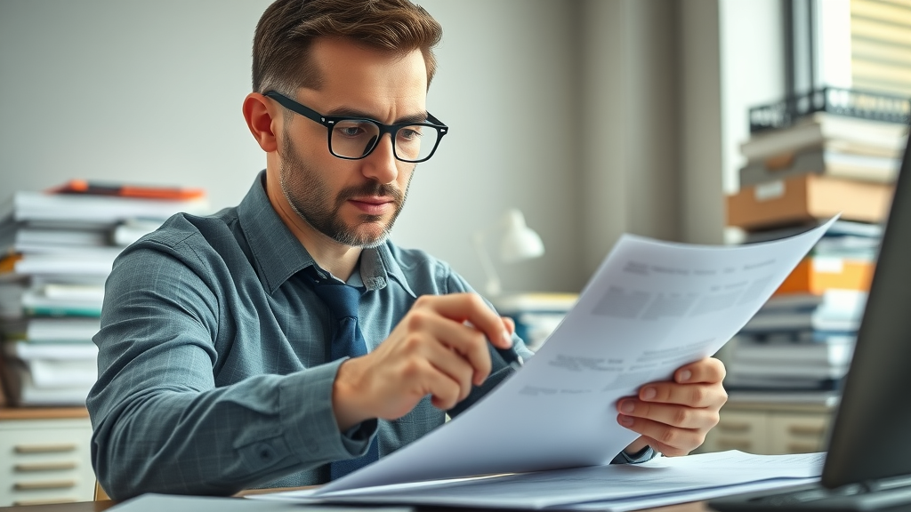 Professional accountant reviewing paperwork for amended tax returns in modern office