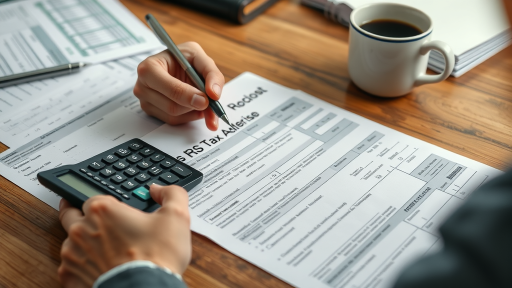 Amended tax return: IRS tax forms and calculator on a wooden desk with financial documents