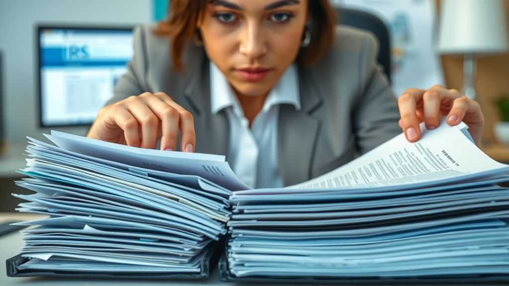 Original tax return documents, folders, and IRS website on computer for amended tax return filing
