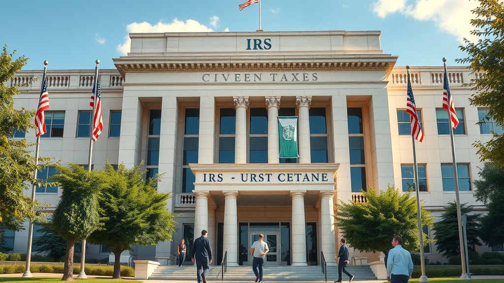 IRS building exterior related to amended tax returns, government architecture and American flags