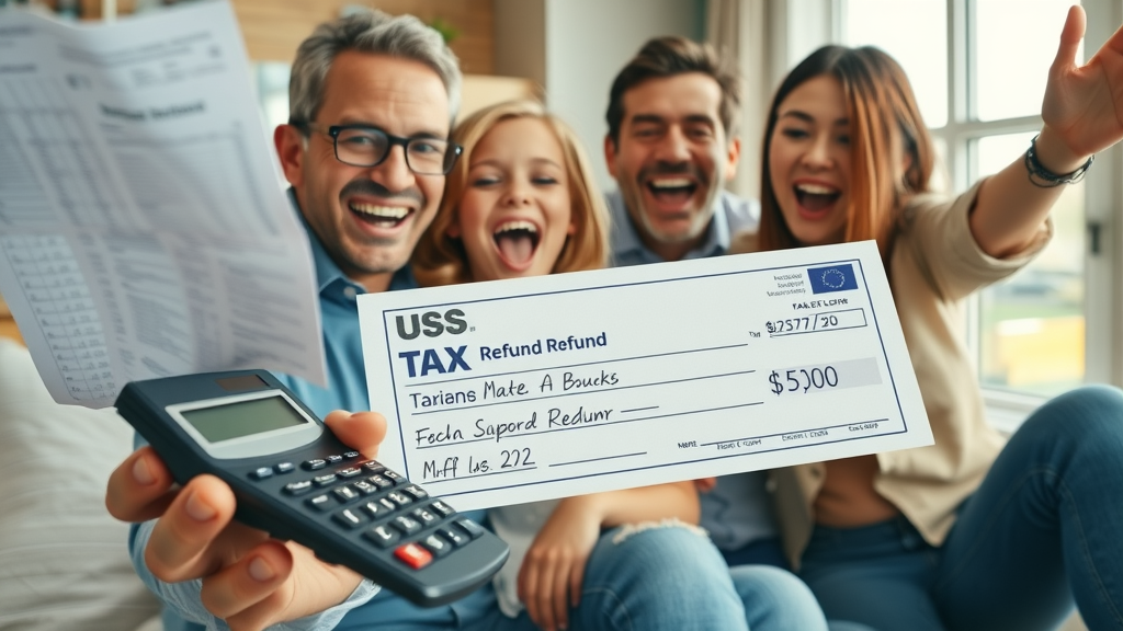 tax refund advance northwest arkansas - Family celebrating IRS refund with collage of tax documents, excited expressions.