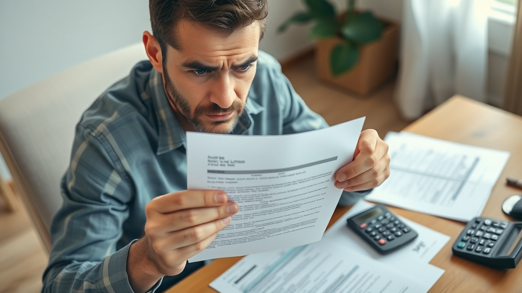 Worried individual reviewing IRS notice and paperwork, IRS notices and issues at home office