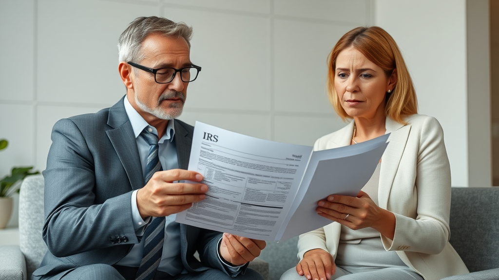 Financial advisor reviewing IRS offer in compromise paperwork with concerned couple, showing documents in modern office for settling offer in compromise issues