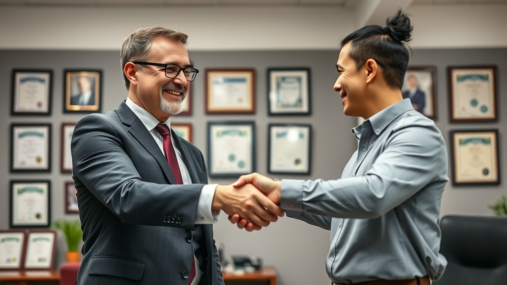 Enrolled agent congratulating relieved client after successful offer in compromise submission, maximizing OIC chances