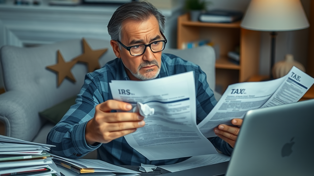 Frustrated taxpayer surrounded by IRS letters and offer in compromise paperwork, depicting common mistakes and pitfalls