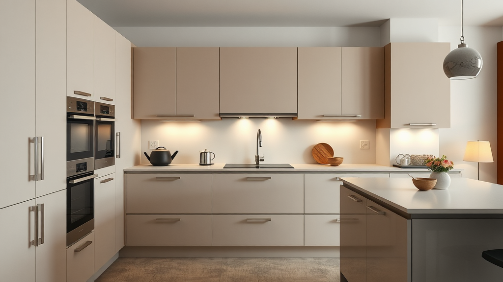 Modern fitted kitchen, clear distinction, cabinetry seamlessly integrated with built-in appliances, fitted kitchen, sleek kitchen setting with contrasting freestanding pieces in background