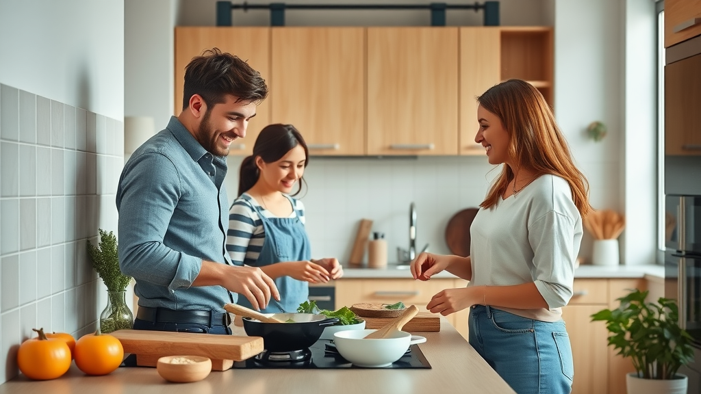 Elegant new fitted kitchen, joyful young family preparing food, maximizing kitchen counter space, kitchen makeover, urban home interior with compact yet optimized kitchen design