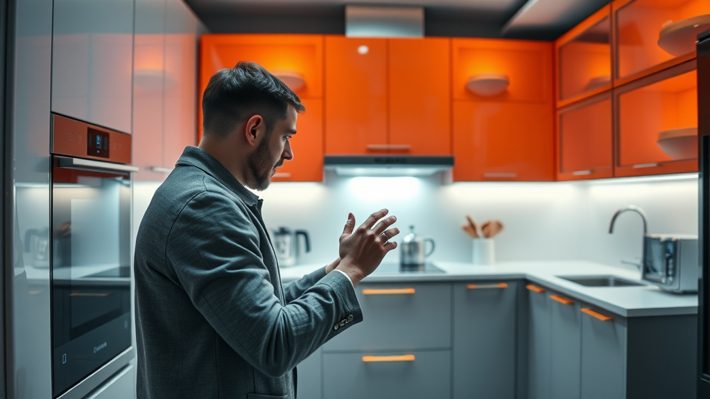 State-of-the-art fitted kitchen, futuristic, homeowner interacting with smart appliances, modern fitted kitchens, contemporary kitchen with vibrant cabinetry and digital interfaces