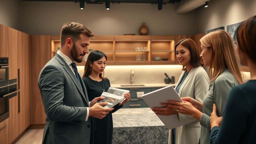 Luxurious Italian fitted kitchen, sophisticated, designer presenting Scavolini cabinet samples to clients, Italian design kitchen, elegant kitchen studio with modern Italian fixtures and subtle branding