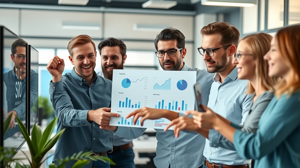 Dynamic marketing team analyzing data charts for video content SEO strategy