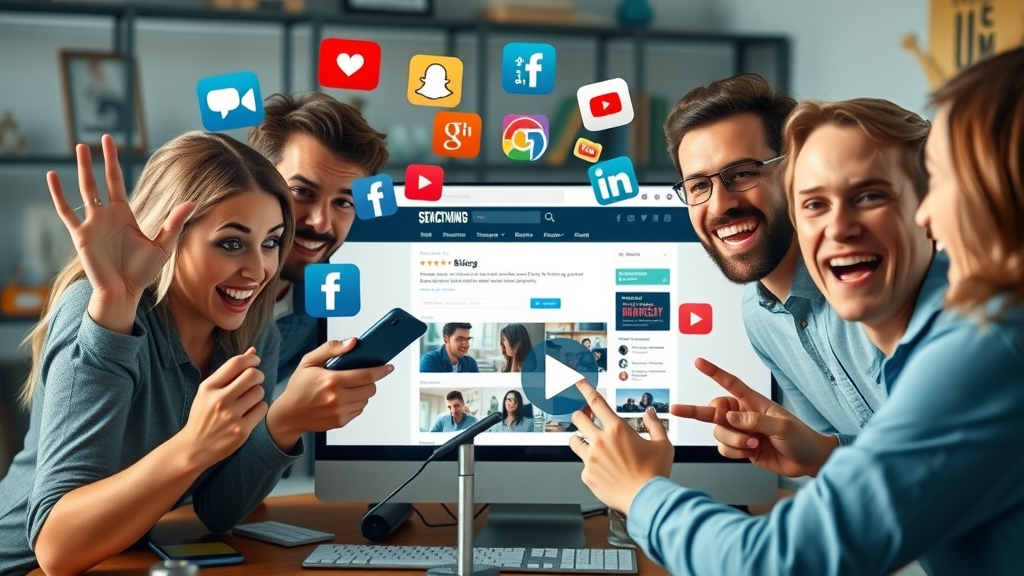 Social media icons clustered around engaging blog video content