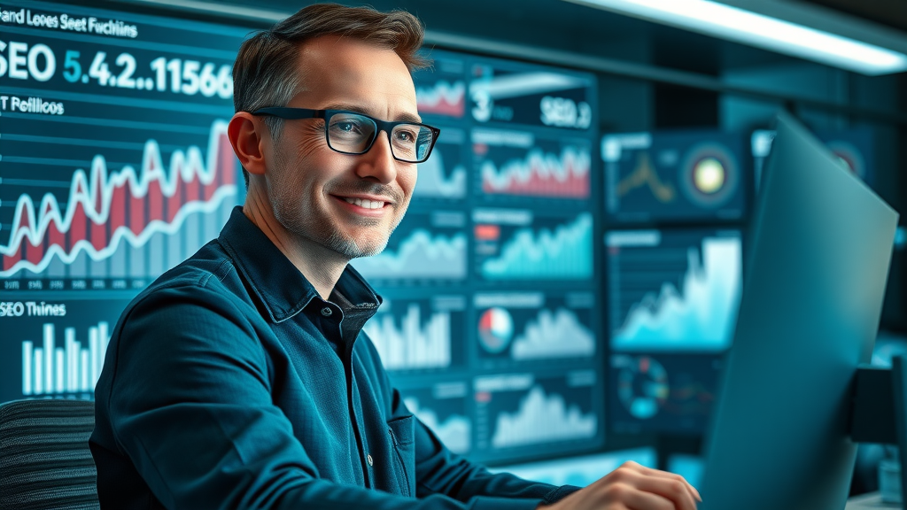 Analytical SEO dashboard with video content optimization metrics