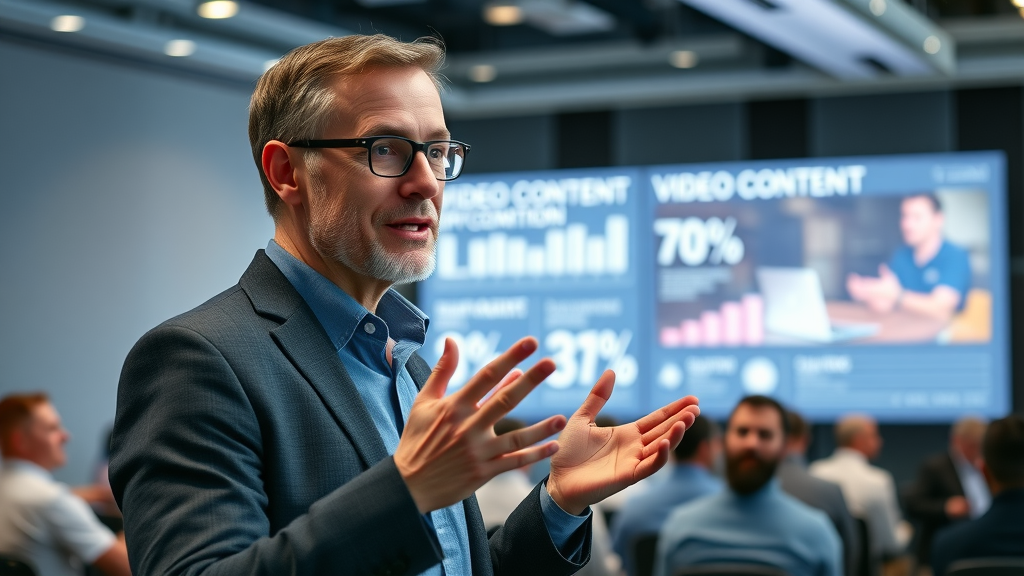 Marketing expert presenting video SEO strategy statistics on stage