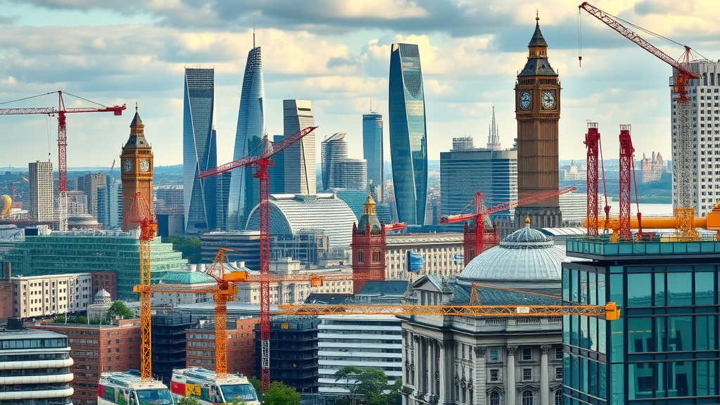 vibrant Greater London cityscape, bustling atmosphere, showcasing iconic skyscrapers and construction sites, photorealistic high fidelity, Thames River, busy streets, cranes, workers in motion