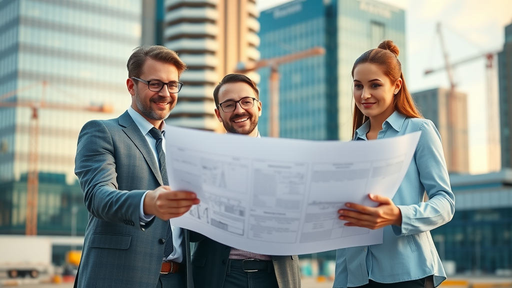 expansive modern office development, professionals inspecting blueprints on-site, glass-walled office buildings, cranes, high fidelity, crisp colors, soft morning light